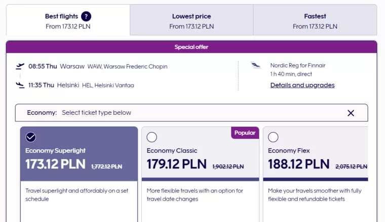 Вартість найдешевших квитків з Варшави до Гельсінкі від компанії Finnair