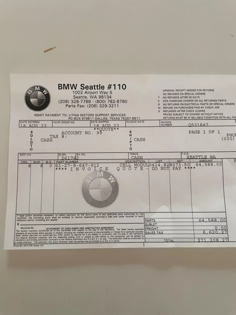 Рахунок за заміну акумуляторної батареї BMW i3